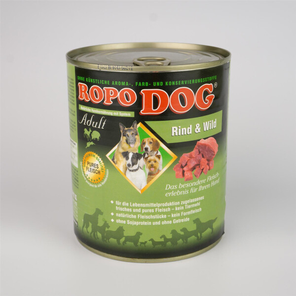Hundefutter ROPODOG Nassfutter 6 x 800 g Dosen in Premium Qualität -  Adult Rind und Wild 