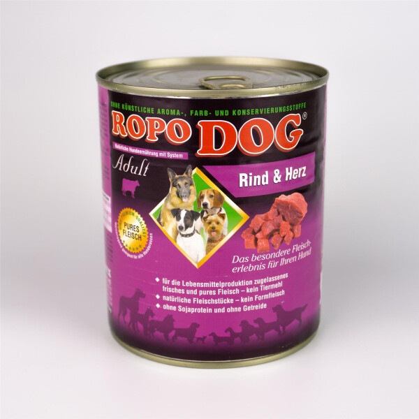 Hundefutter ROPODOG Nassfutter 6 x 800 g Dosen in Premium Qualit&auml;t -  Adult Rind und Herz 