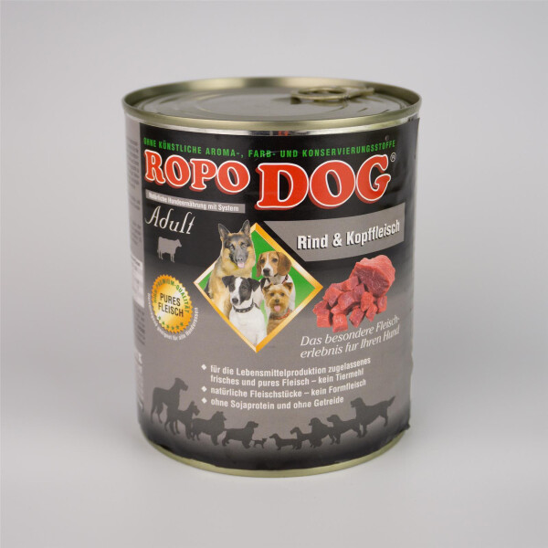 Hundefutter ROPODOG Nassfutter 6 x 800 g Dosen in Premium Qualit&auml;t - Adult Rind und Kopffleisch