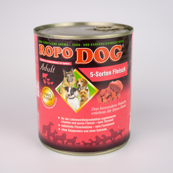 Hundefutter ROPODOG Nassfutter 6 x 800 g Dosen in Premium Qualit&auml;t - Adult 5 Sorten Fleisch