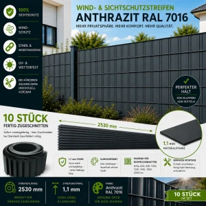10 Stück Wind- und Sichtschutzstreifen Anthrazit RAL...